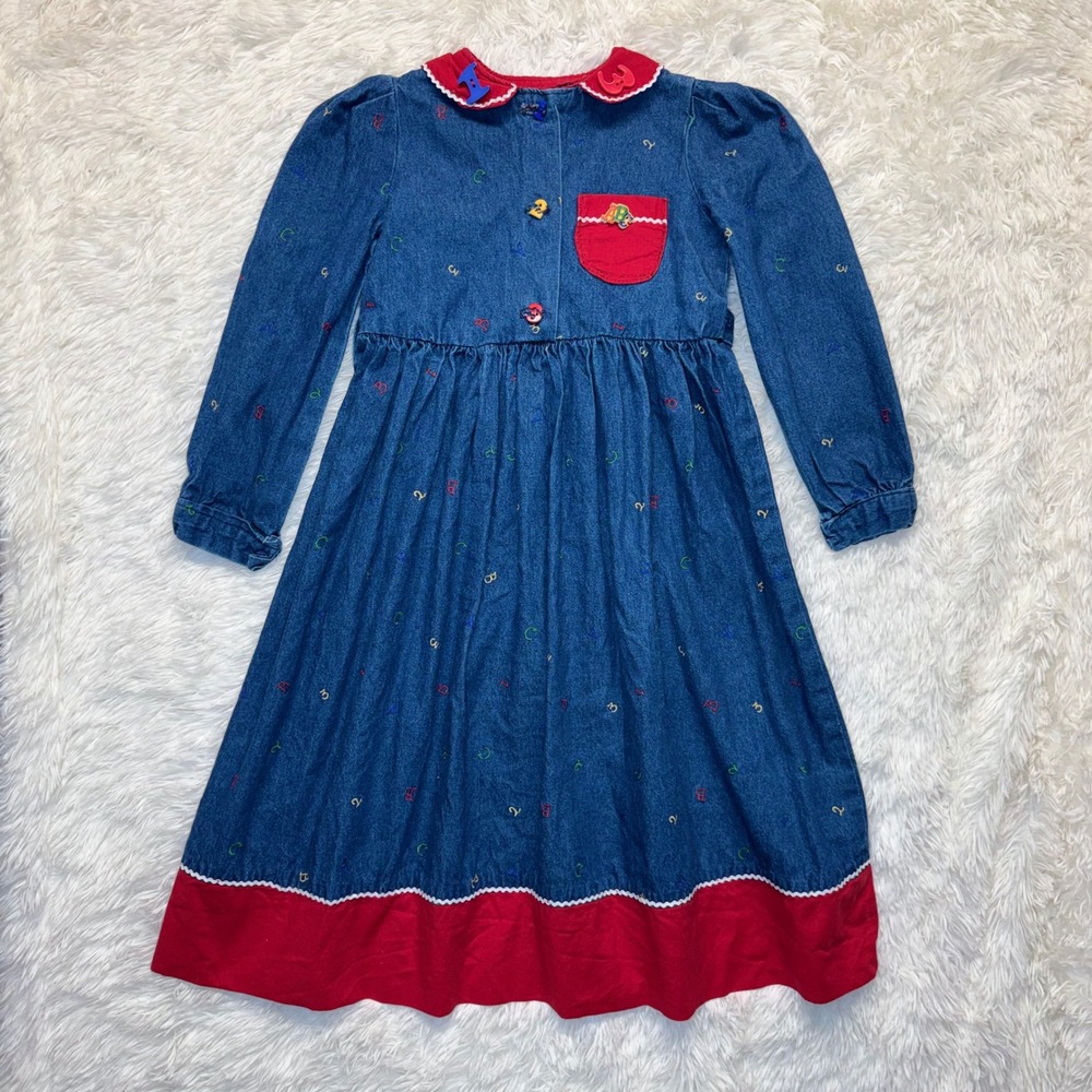 Vintage Denim ABC Alphabet School Dress Red Trim Blue Jean Novelty Buttons